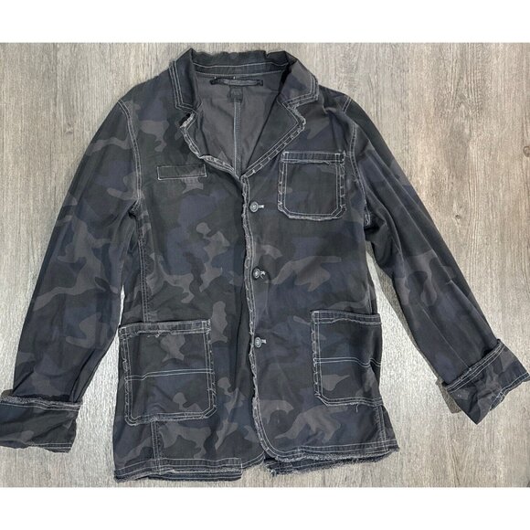Black Camo Distressed Raw Hem Jacket Blazer Womens Sz Large - Picture 1 of 7